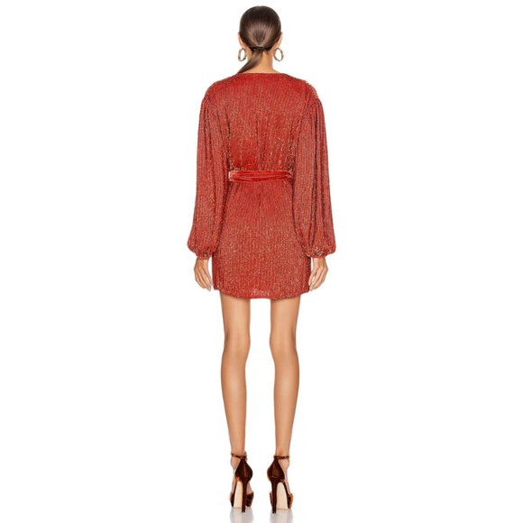 Retrofete Gabrielle Sequin Robe Wrap Mini Dress Sz M Burnt Orange Blouson Sleeve - Picture 2 of 15